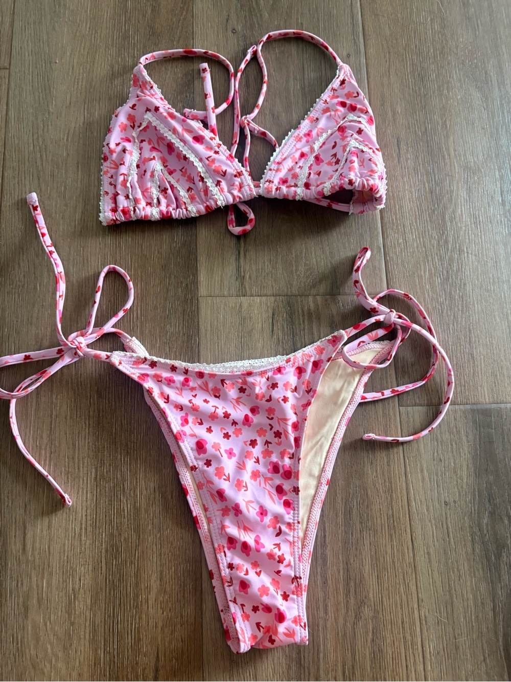 Women’s Pink Floral Tie-Side Bikini Set -Zaful